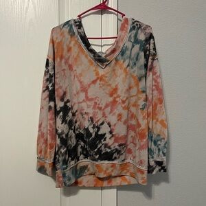 White Birch Pink and Grey Tie Dye V Neck Sweater Size M